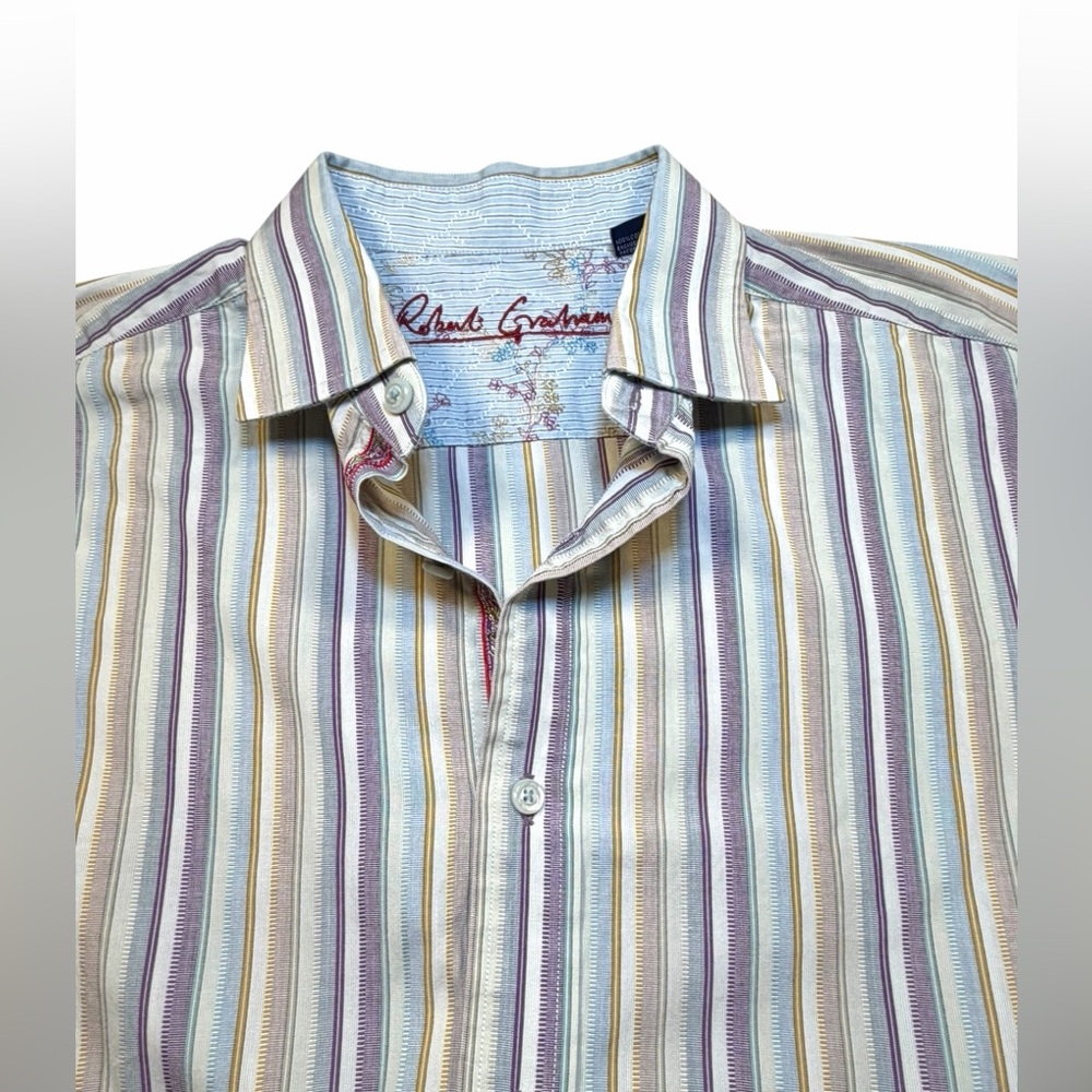 Robert Graham Mens L Striped Shirt Contrast Cuffs Multicolor Cotton